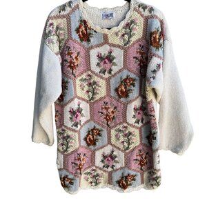 Honors Vintage Womens Floral Geometric Knit Cottage Granny Oversized Sweater S